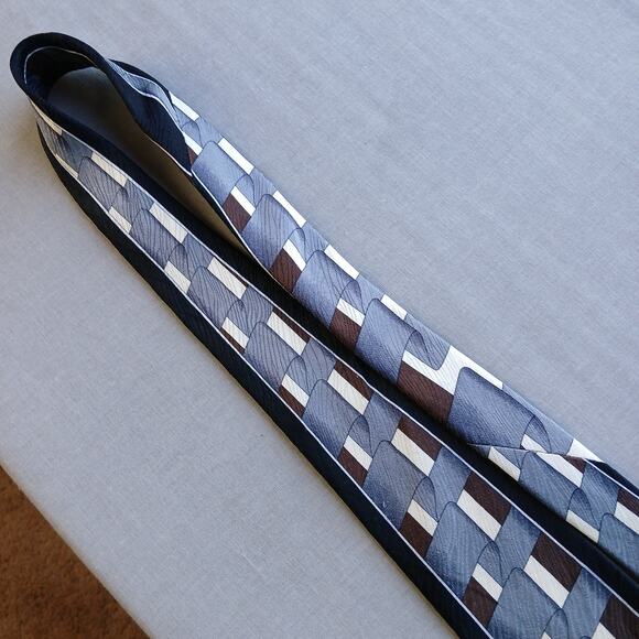 Vintage Y2K Silk Neck Tie geometric grey ribbon brown cream black wood texture - Picture 4 of 14